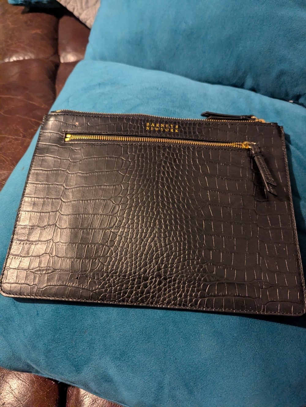 Barneys New York Black Croc-Embossed Leather Toiletry Pouch with Gold Hardware